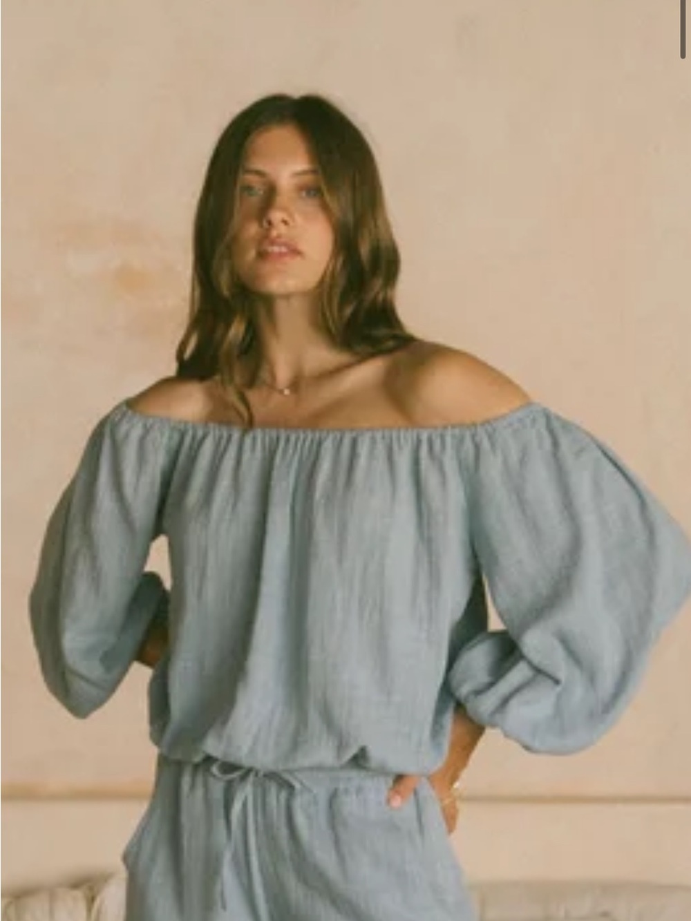 Phi Collective Off-Shoulder Balloon Sleeve Top in Dark Green (not light blue)